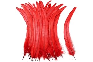 iHUFeather Natural Rooster Tail Feathers 50pcs 10-12inch Long Rooster Coque Tail Feathers Bulk for DIY Crafts Costume and Halloween Party Performances Decoration(Red)