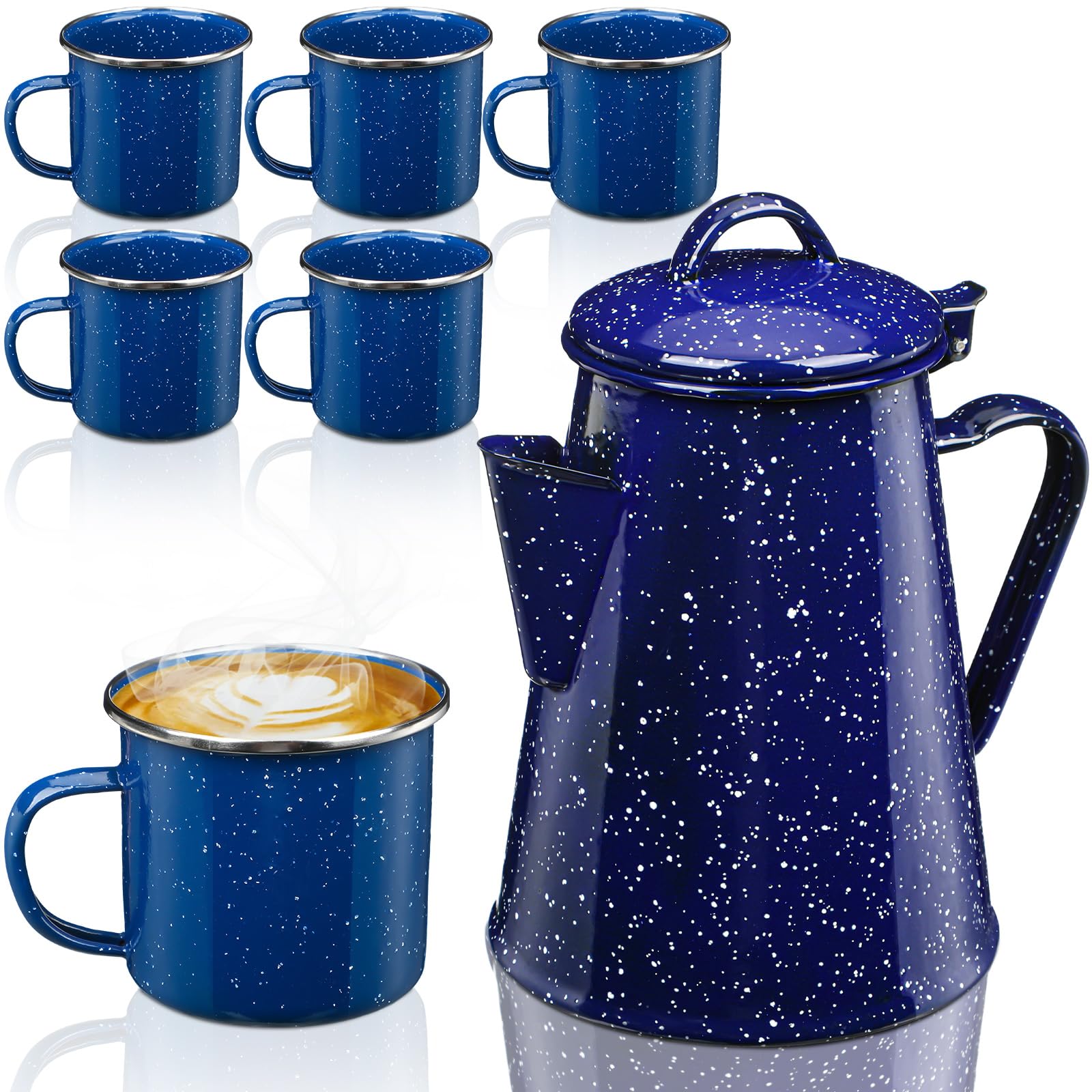 Photo 1 of Dandat 60 oz Enamelware Campfire Coffee Boiler Kettle Pot with 6 Pcs 12 oz Enamel Coffee Mug Cowboy Cup for Outdoor Camping Cookware, Picnic, Cabin, RV, Kitchen, Hunting, Backpacking, Blue