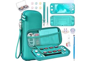 innoAura Switch Lite Case 18-in-1 Accessories Bundle with Protective Carrying Case, Game Holder, Screen Protector & Cute Thumb Grips (Turquoise)