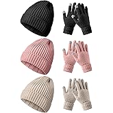 Syhood 6 Pieces Women Men Beanie Winter Hat Gloves Set, Thick Warm Knitted Skull Cap Touchscreen Gloves Unisex