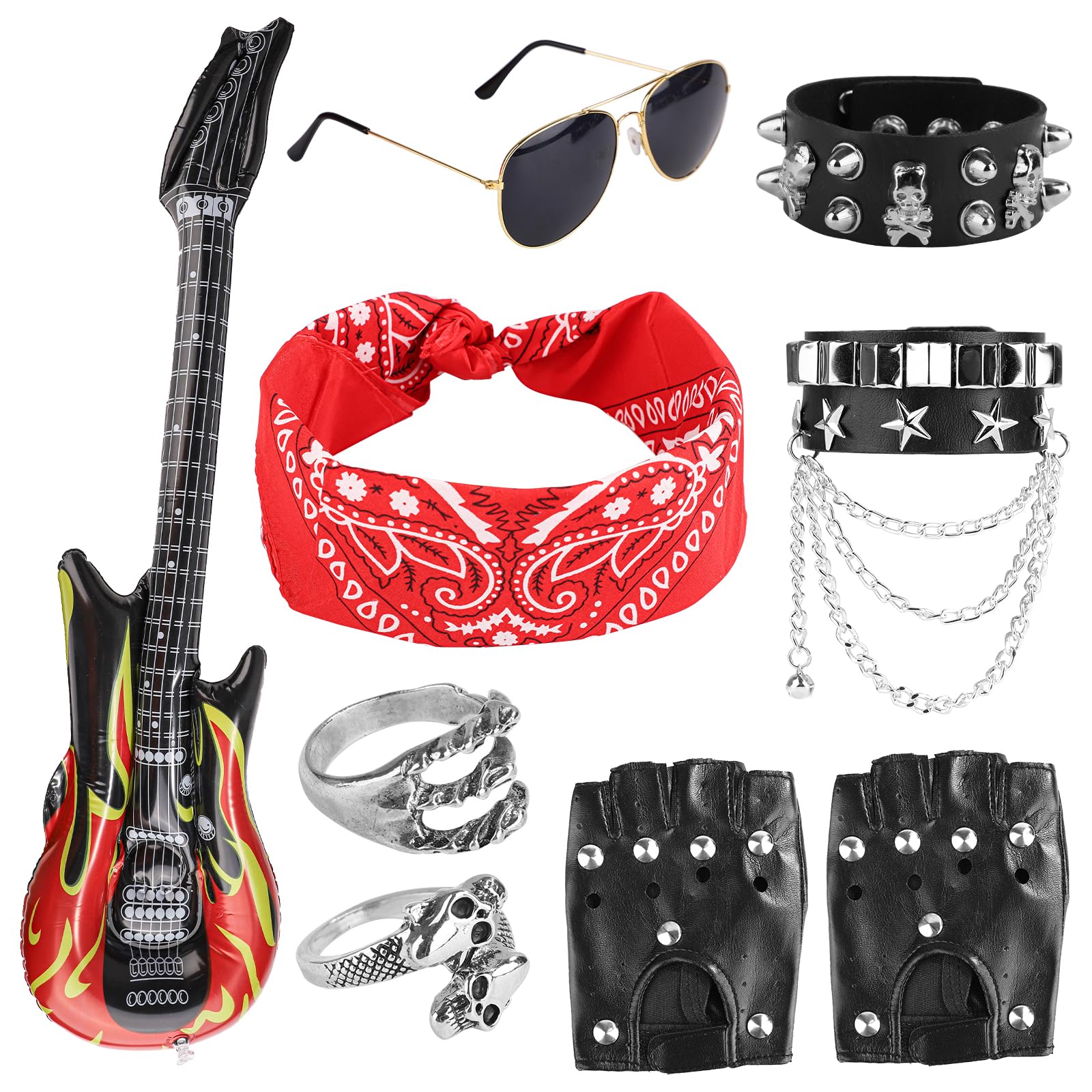 Photo 1 of **MISSING HEADBAND, GLASSES AND ONE RING**PEUTIER 9pcs Kid Rockstar Costume, 80s Outfit for Kids Rocker Costume Men Punk Costume Rockstar Outfit Punk Accessories Rockstar Costume Accessories for Boys Kids Men