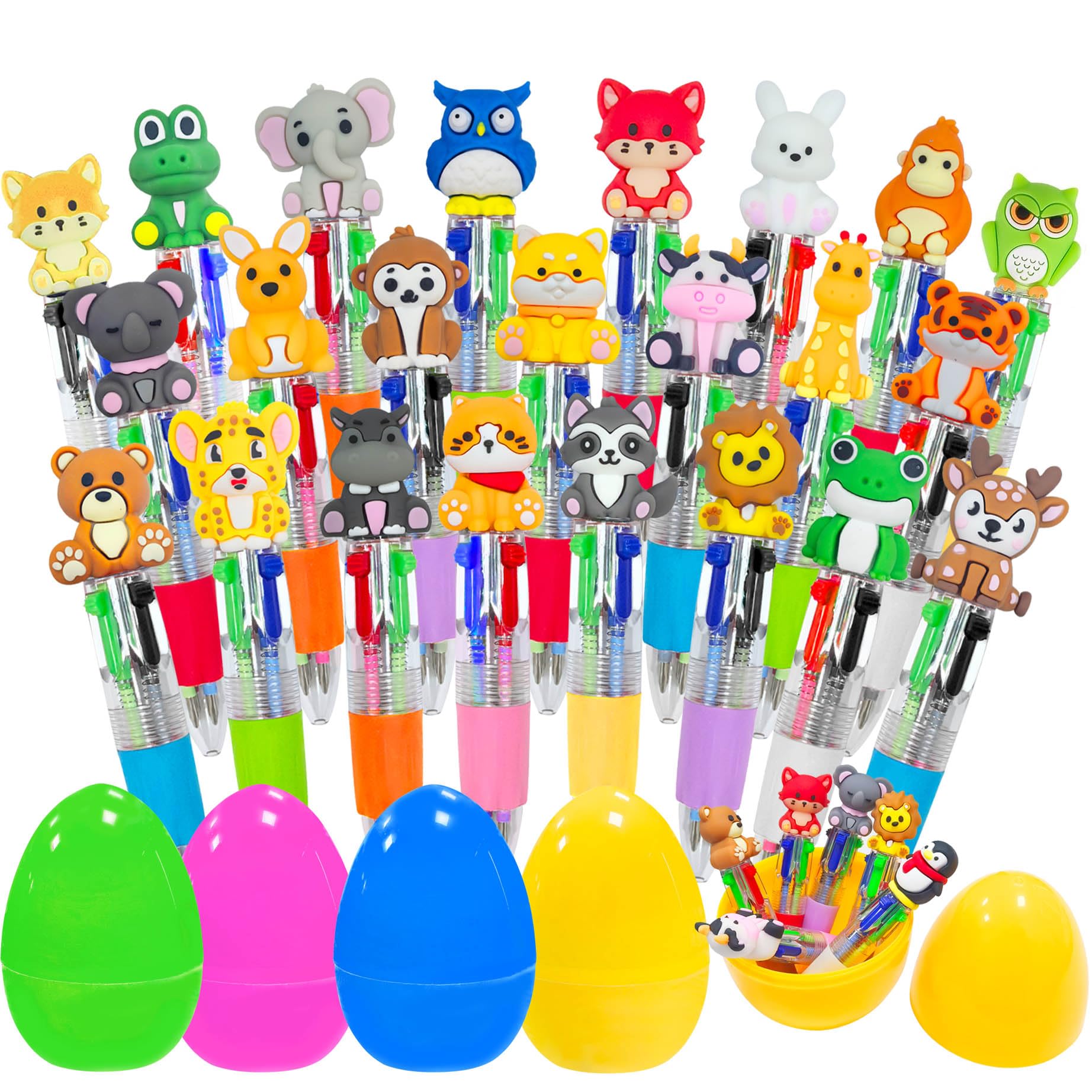 Holydeck 24 Pcs Animal Multicolor Pens 4 Colors in 1 Ballpoint Pen Bulk with 4 Pcs Easter Eggs for Kids Girls Boys Easter Basket Stuffers Party Favors Easter Egg Fillers Hunt
