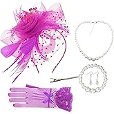 AQOKKA Women Fascinators Hats Veil Mesh Tea Party Derby Hat Bow Lace Gloves Pearl Jewelry Set for Women Cocktail Wedding