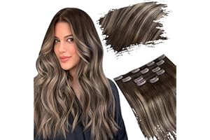 Ugeat Straight Clip in Hair Extensions Ombre Dark Brown to Ash Brown Hair Extensions Clip in Remy Hair Extensions Real Human Hair 5pcs 12 Inch 85g(70g Hair+15g Clips)