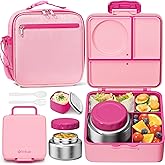 Fimibuke Kids Bento Lunch Box with Food Jar, Leakproof Toddler Bento Box with 8.5OZ Insulated Food Jar, Lunch Bag & Utensils BPA Free Dishwasher Safe 3 or 4 Compartment Container for School Girls Boys