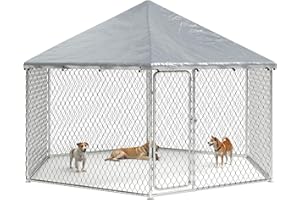 IRONOVACAGE 9.1x9.1 FT Extra Large Outdoor Dog Kennel,Heavy Duty Outdoor Dog Enclosure with Waterproof Cover and Security Lock, Galvanized Chain Link Hexagonal Dog Cage for Large Dogs(109.4x109.4x95.3IN)