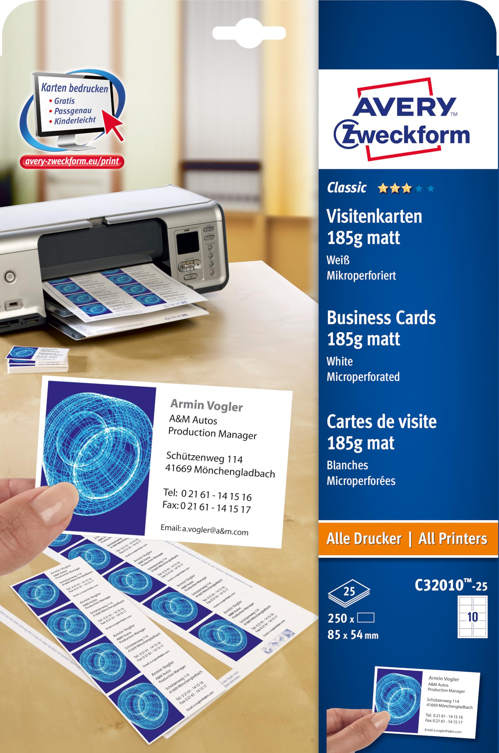Avery purpose form C32010-25 Classic business cards (250 pieces, 85 x 54 mm, double-sided printable, matt) 25 sheets