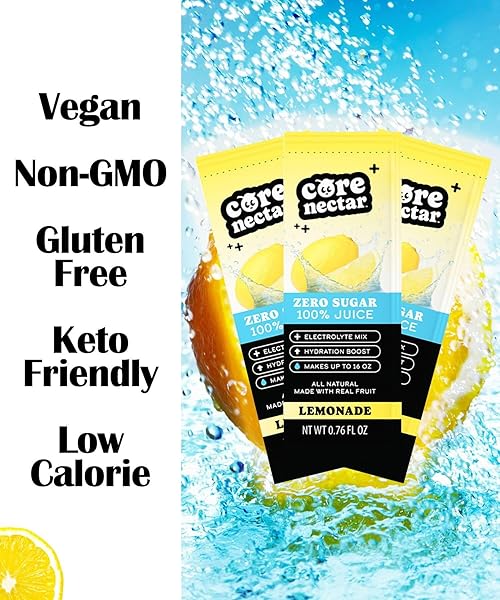 ZERO SUGAR, ELECTROLYTE MIX – LEMONADE HYDRATION PACKETS – 100% SUGAR FREE, NATURAL SWEETENED, DIABETIC, KETO & FASTING FRIENDLY – MADE WITH REAL FRUIT JUICE