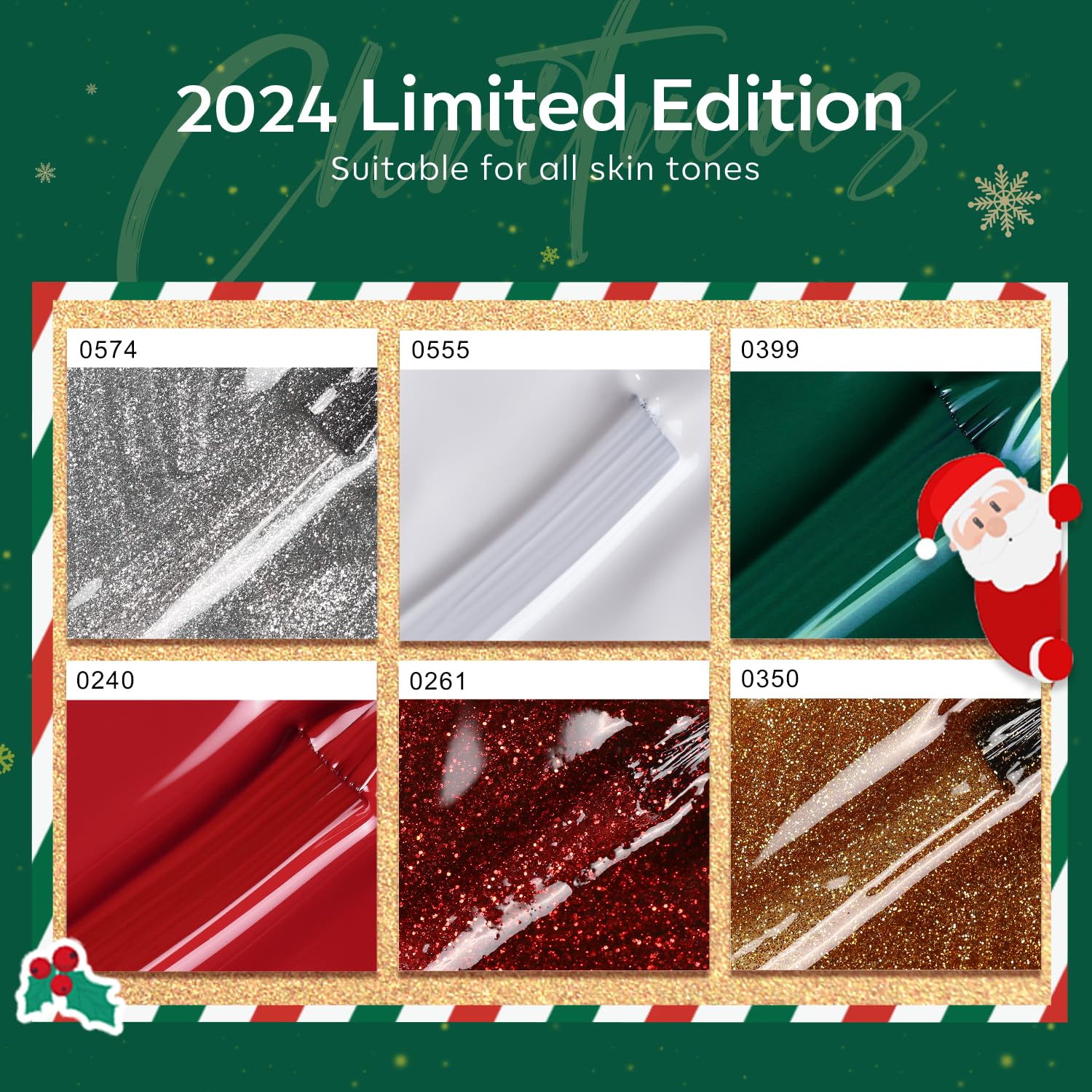 modelones 6 Colors Christmas Gel Nail Polish Set, Winter Red Glitter Dark Green White Gold Silver New Year Gel Polish Kit Soak Off Nail Art Manicure Home Gift for Women Girls - Image 2