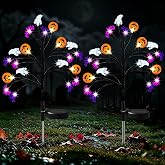 Solar Halloween Lights, 2 Pack IP65 20 LED 8 Modes Auto On/Off, 3D Ghosts Bats Spiders Pumpkins, Cool White Glow, Auto On/Off Sensor, IP65 Rated — Garden, Yard, Patio, Porch, Party Decor