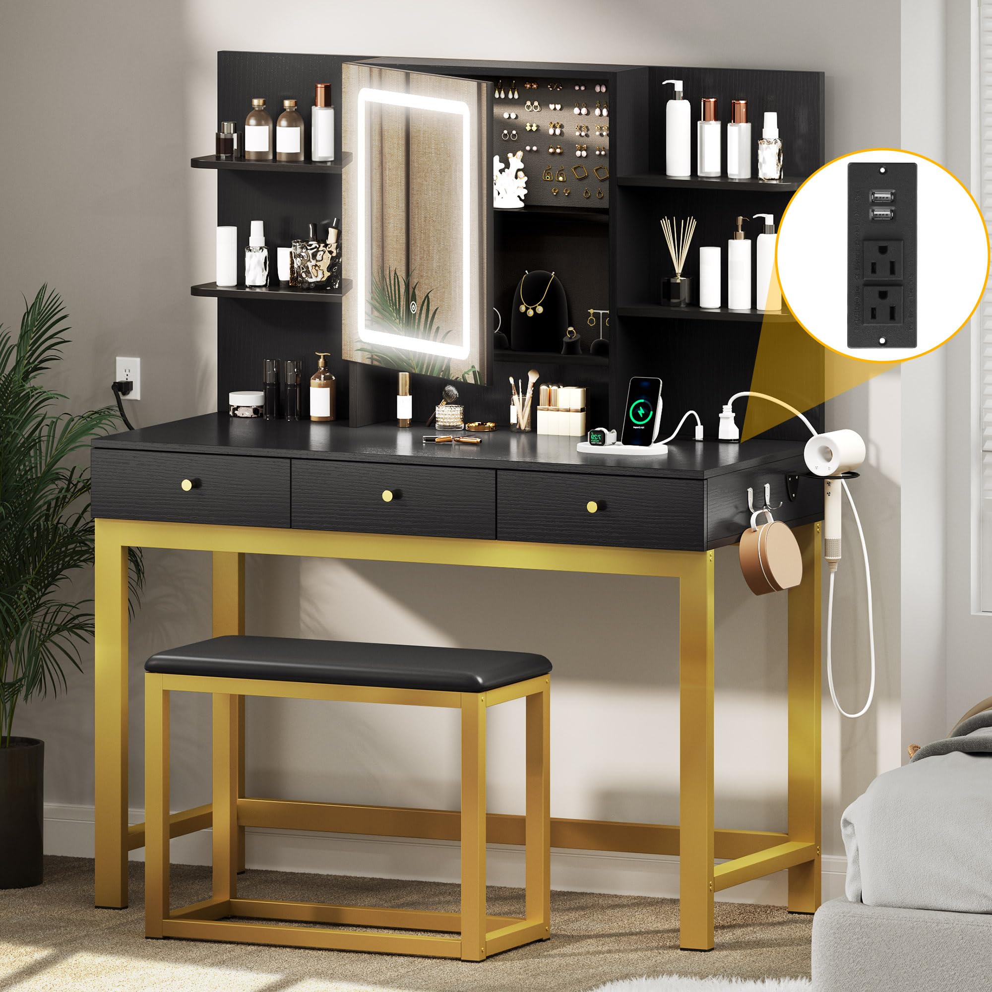 Photo 1 of DWVO 39.5 W Vanity Desk Set, Makeup Table with LED Lighted Mirror and Power Outlet, Adjustable 3 Lights Modes, Vanity Table with Stool and Hidden Storage Shelves, 3 Drawers, Black, Upgraded