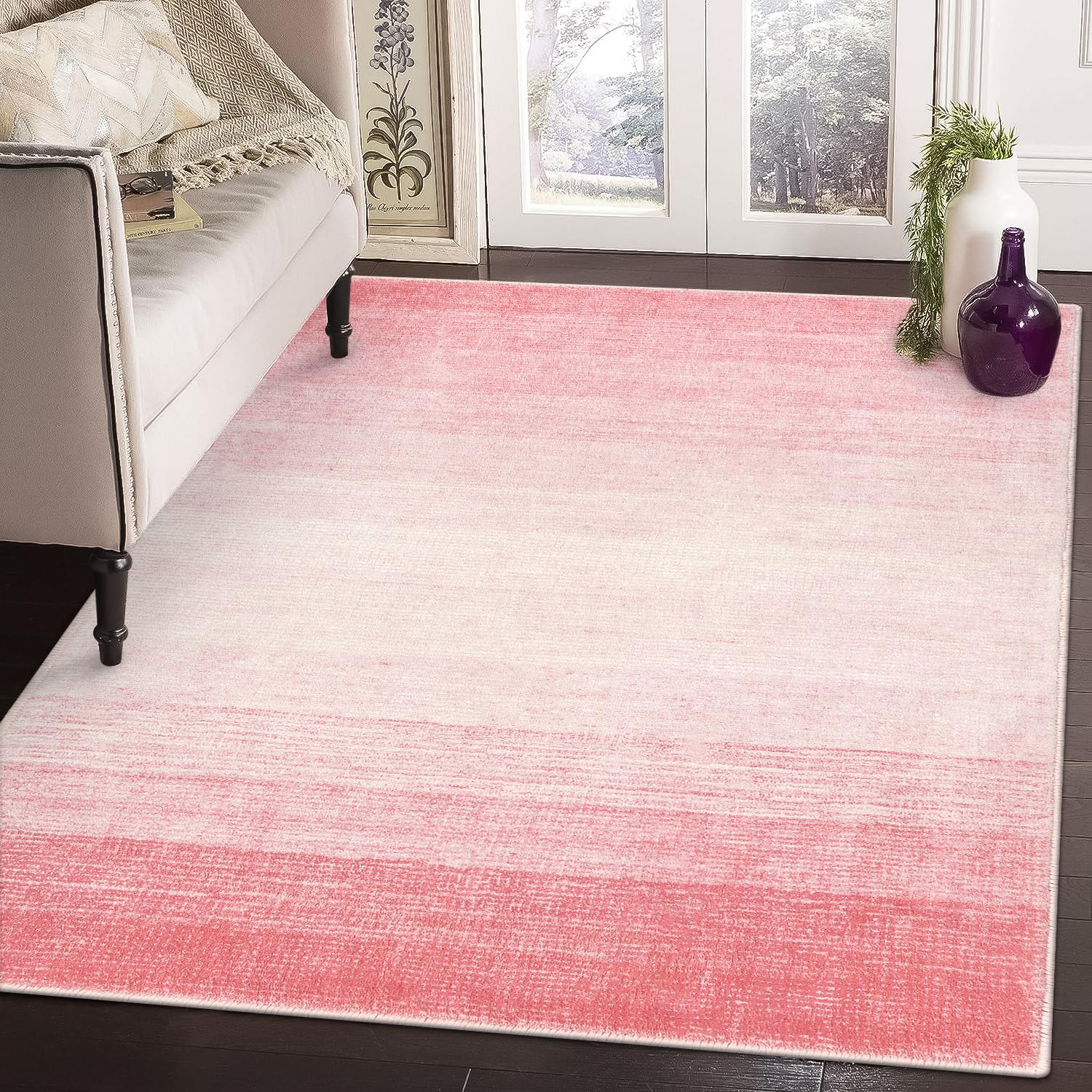 Photo 1 of Wonnitar Pink Washable 4x6 Rug, Modern Ombre Rugs for Girls Bedroom, Soft Non-Slip Nursery Area Rug, Contemporary Non-Shed Kids Room Low Pile Throw Carpet for Dorm Playroom Living Room (Pink, 4'x6')