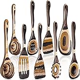 Teenyyou 9 Pcs Brown Pakkawood Kitchen Utensils Set Wooden Spoons for Cooking Pakkawood Soup Ladle Deep Spoons Wood Non Stick Utensils with Long Handle for Christmas Kitchen Household Women Gifts