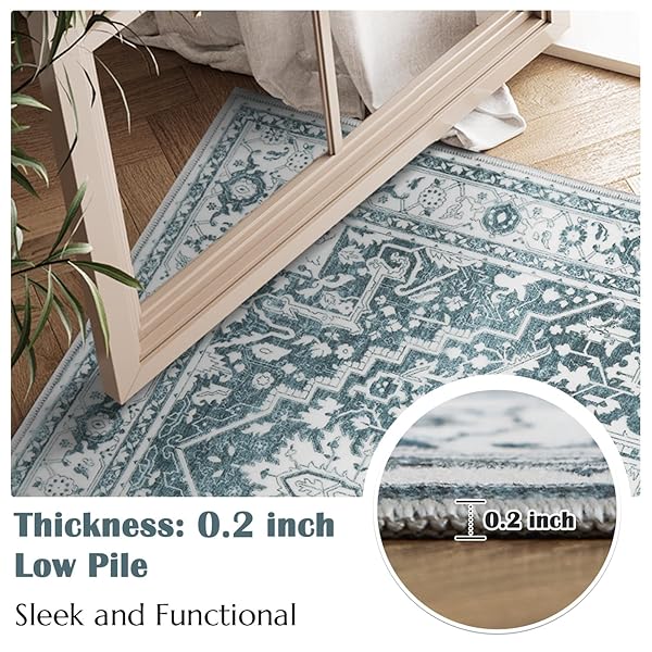 JINCHAN 6X9 AREA RUGS FOR LIVING ROOM – MACHINE WASHABLE TRIBAL VINTAGE FLORAL STAIN RESISTANT ULTRA-THIN LOW-PILE NON-SLIP DISTRESSED CARPET FOR BEDROOM DINING ROOM KITCHEN (6X9FT,TEAL BLUE)