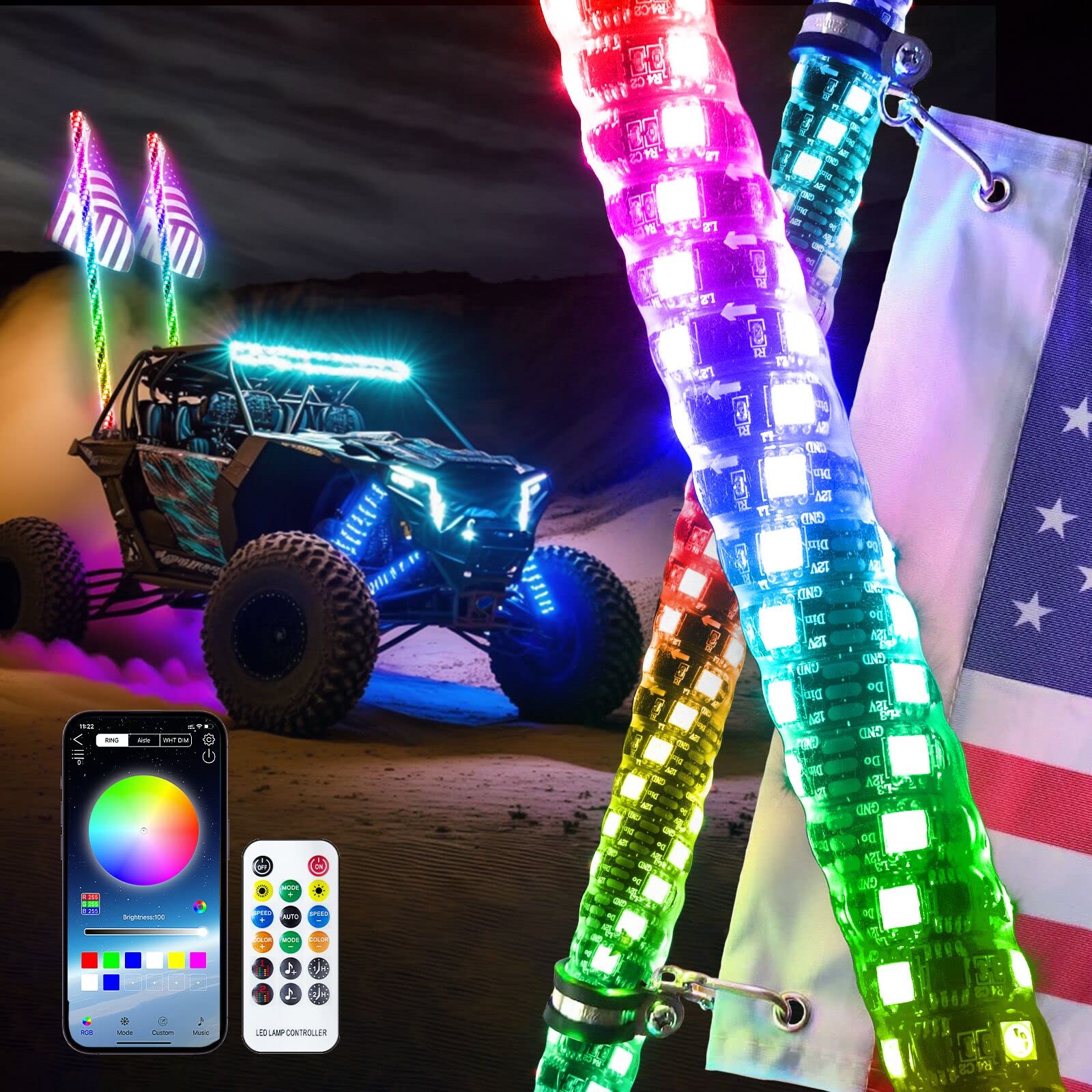 Photo 1 of 3FT LED Whip Lights for UTV RGB Chasing/Dancing Light Remote Control APP-Supported, 600+ Color Mode Combinations, RGB Chasing Lighted Antenna Whips for UTV, ATV, Truck, Dune Buggy**1 single light not a pair**