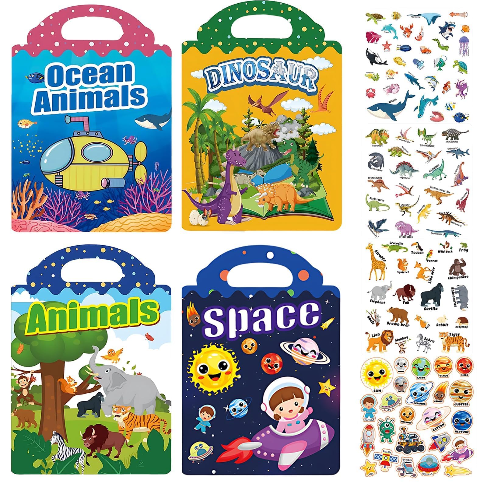 4 Pack Reusable Sticker Book, Books for 2+ Year Olds, Travel Toys for Toddlers, Animal for Sensory Development Activities, (26 * 18 CM/ 10 * 7 Inch)