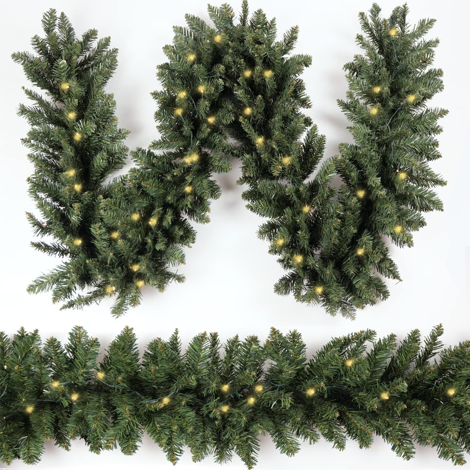 Wreaths, Garlands & Swags - HomeKaren Christmas Garland 9ft with 50 Led, 320 Tips Prelit Fraser Fir Xmas Garland with 50 LED Lights, Lush and Classics Green Style for Indoor Outdoor Home Decoration