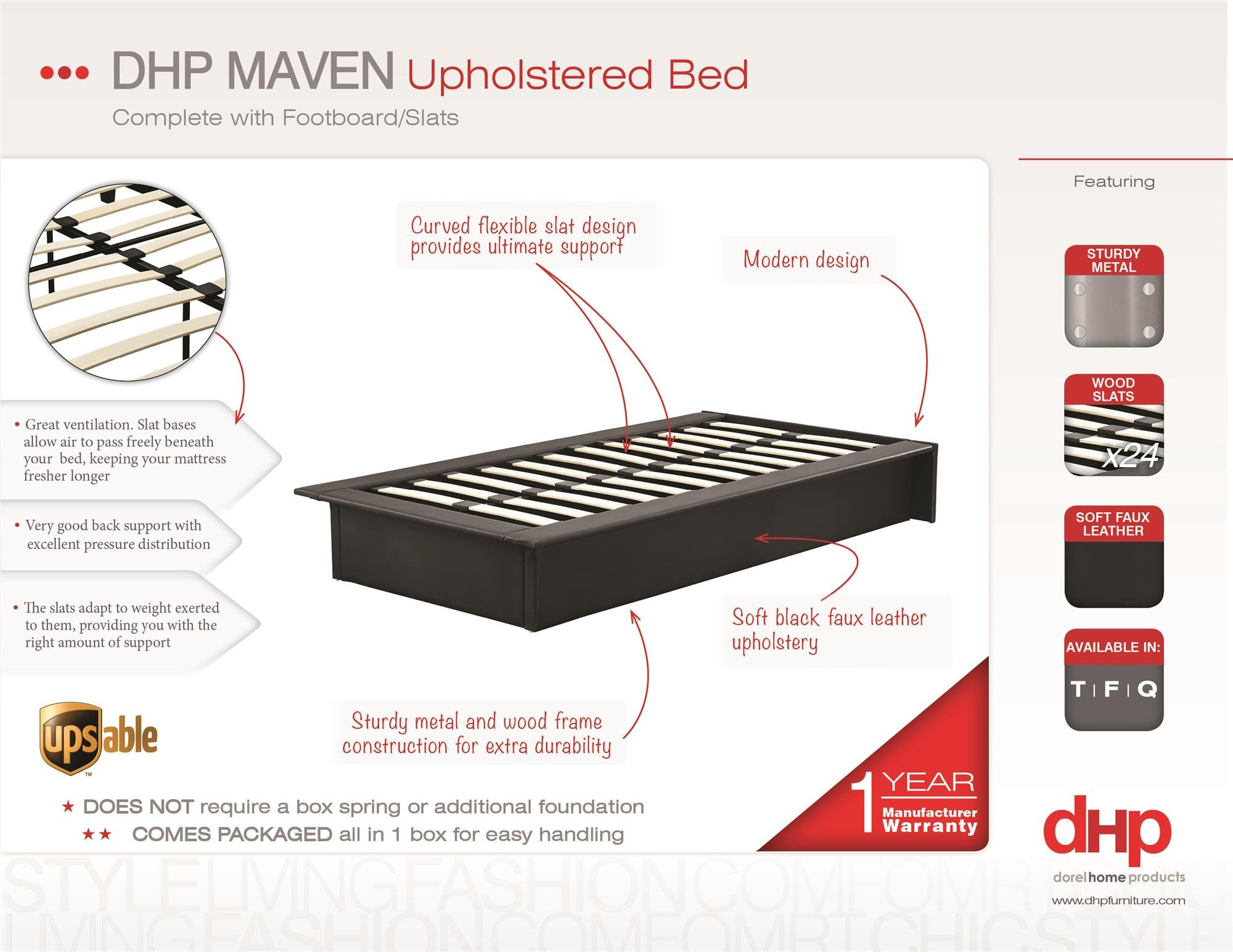 DHP Maven Platform Bed with Upholstered Faux Leather and Wooden Slat