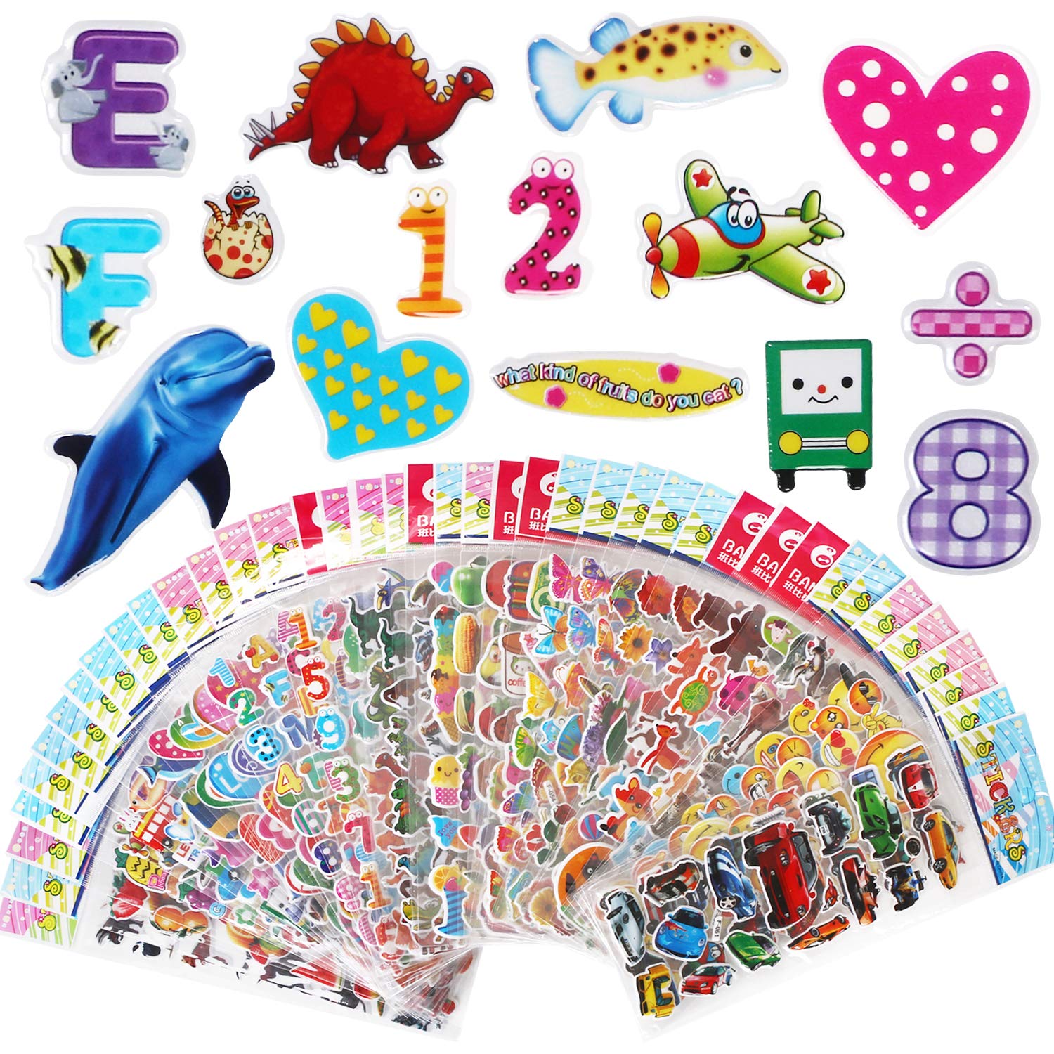 Vicloon 40 Variety Sheets 3D Stickers for Kids 1100+ Puffy Children Stickers for Rewarding Gifts Scrapbooking Including Animals, Numbers, Letters, Emojis, Dinosaurs, Fruits, Airplane, and More