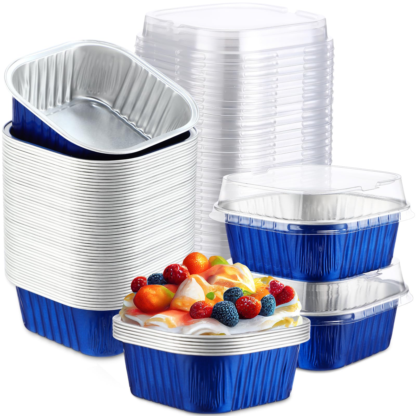 Photo 1 of Aoriher 150 Pieces 10 oz Mini Cake Pans with Lids Aluminum Foil Baking Cups Square Disposable Cupcake Cups Baking Tins for Kitchen Brownie Pudding Desserts Muffin Ramekins Holders(Sapphire Blue)