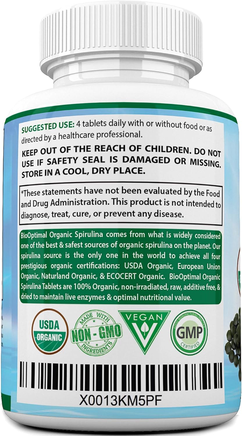 Organic Spirulina Tablets, 100% USDA Organic, Premium Quality 4 Organic Certifications, Non-GMO, No Additives Capsules or Fillers, 120 Count 1 Month Supply: Health & Personal Care