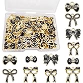 JJGQAZ 60 Pieces Pink Enamel Bow Charms Set, 6 Styles with Pearl and Crystal Accents, Gold-Tone Pendants for DIY Jewelry Making