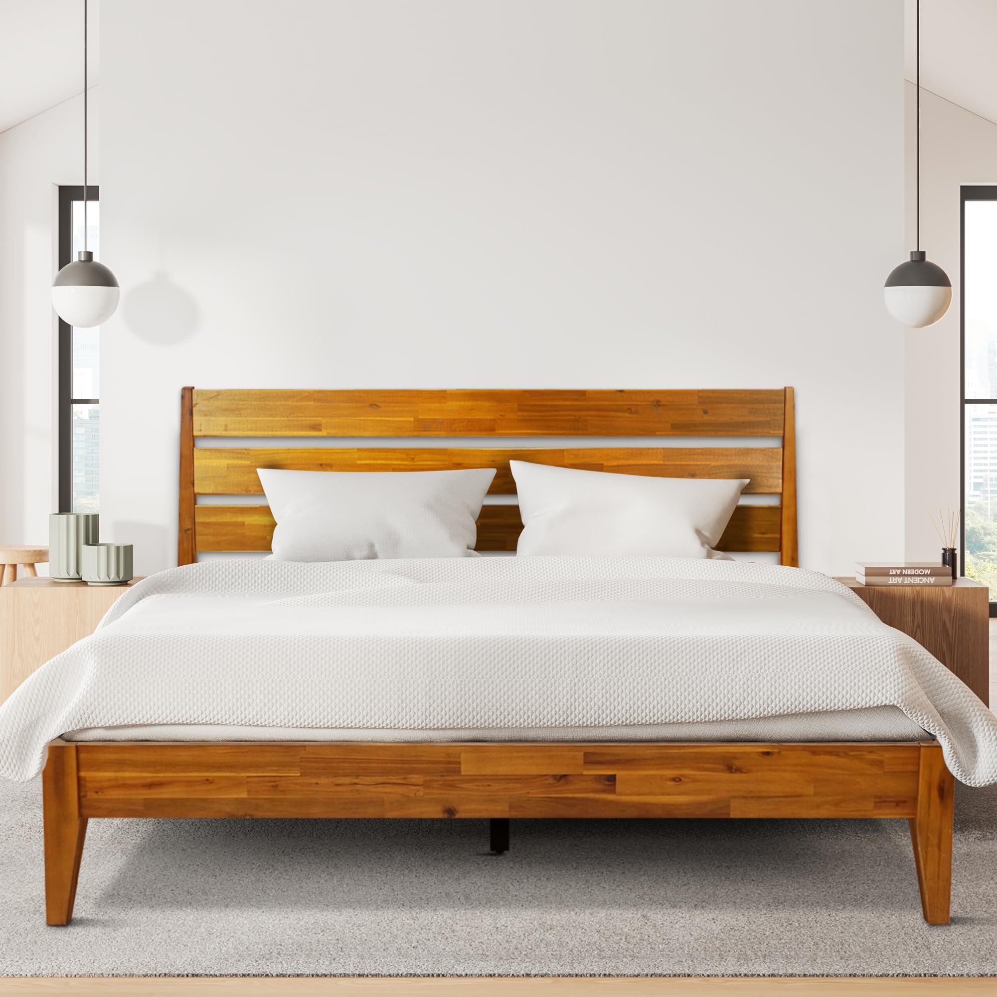 Photo 1 of ** VERY USED UNKNOWN MISSING PARTS** Acacia Emery Bed Frame with Headboard Solid Wood Platform Bed, Queen Size Bed Frame, Mid - Century Modern Wood Bed Compatible with All Mattresses, Easy Assembly, Non-Slip, Caramel.