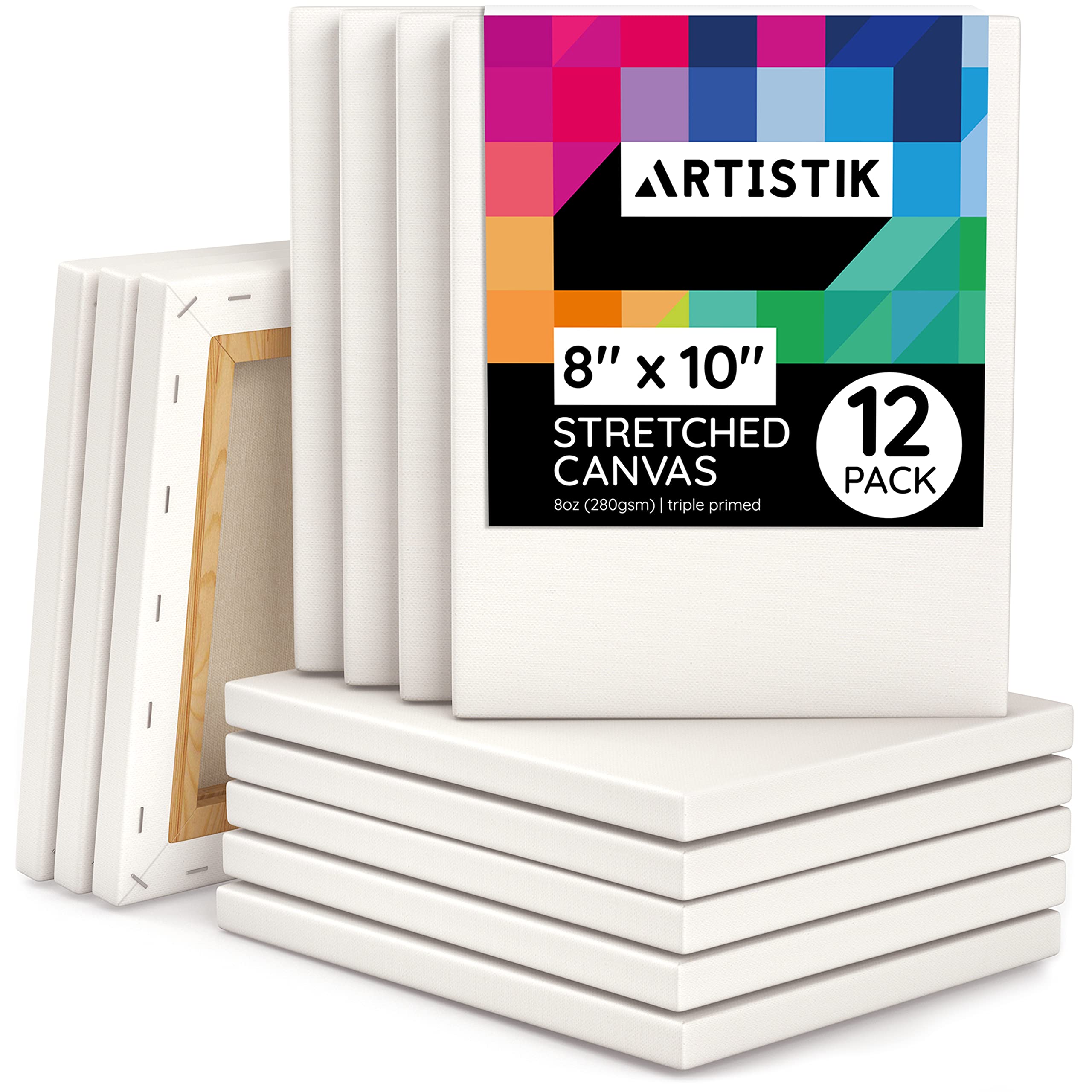 Artistik 8"x10" Stretched Canvases with Pine Wood Bars (Pack of 12)– Artist-Quality Triple-Primed Blank Canvas for Painting – Suitable for Oil, Acrylic, and Mixed Media