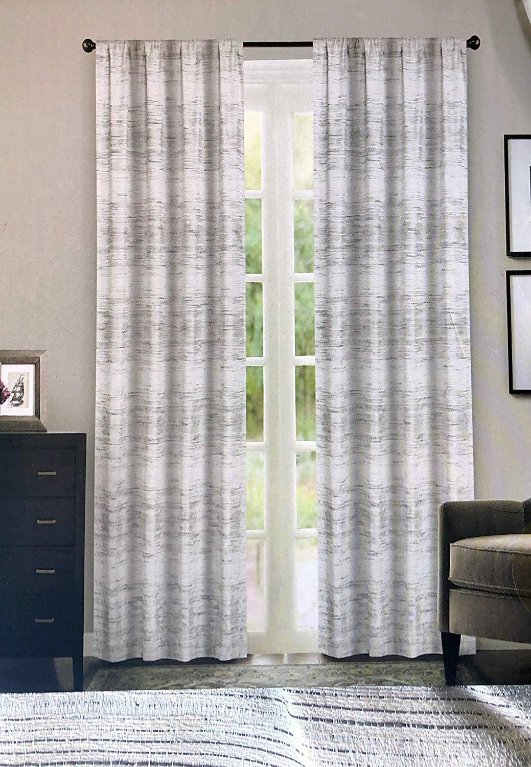 Tahari Gobi 100% Blackout Window Panels Draperies Curtains Set of 2 Modern Geometric Horizontal Metallic Textured Lines on Cream - 52 Inches by 84 Inches