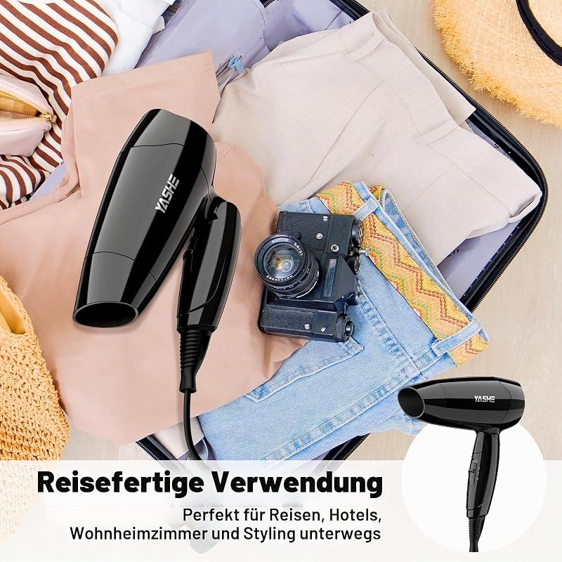 Klappbarer Mini Haartrockner, 1200W Kompakter Föhn mit 2 Heiz- und Geschwindigkeitsstufen, Präzisionsdüse, 1,8 m Kabel, Aufhängehaken, Leichtgewichtig – Ideal für Reisen, Zuhause, Hotel oder WG