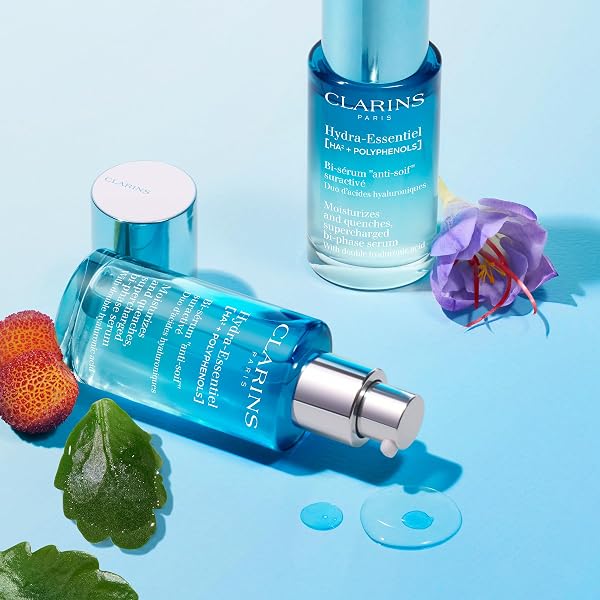 CLARINS HYDRA-ESSENTIEL BI-PHASE FACE SERUM | INTENSE HYDRATING SERUM| 60 SECONDS TO PLUMPER SKIN* | 24H HYDRATION* | DOUBLE DOSE OF HYALURONIC ACID | LIGHTWEIGHT | ALL SKIN TYPES | 1 FL OUNCE
