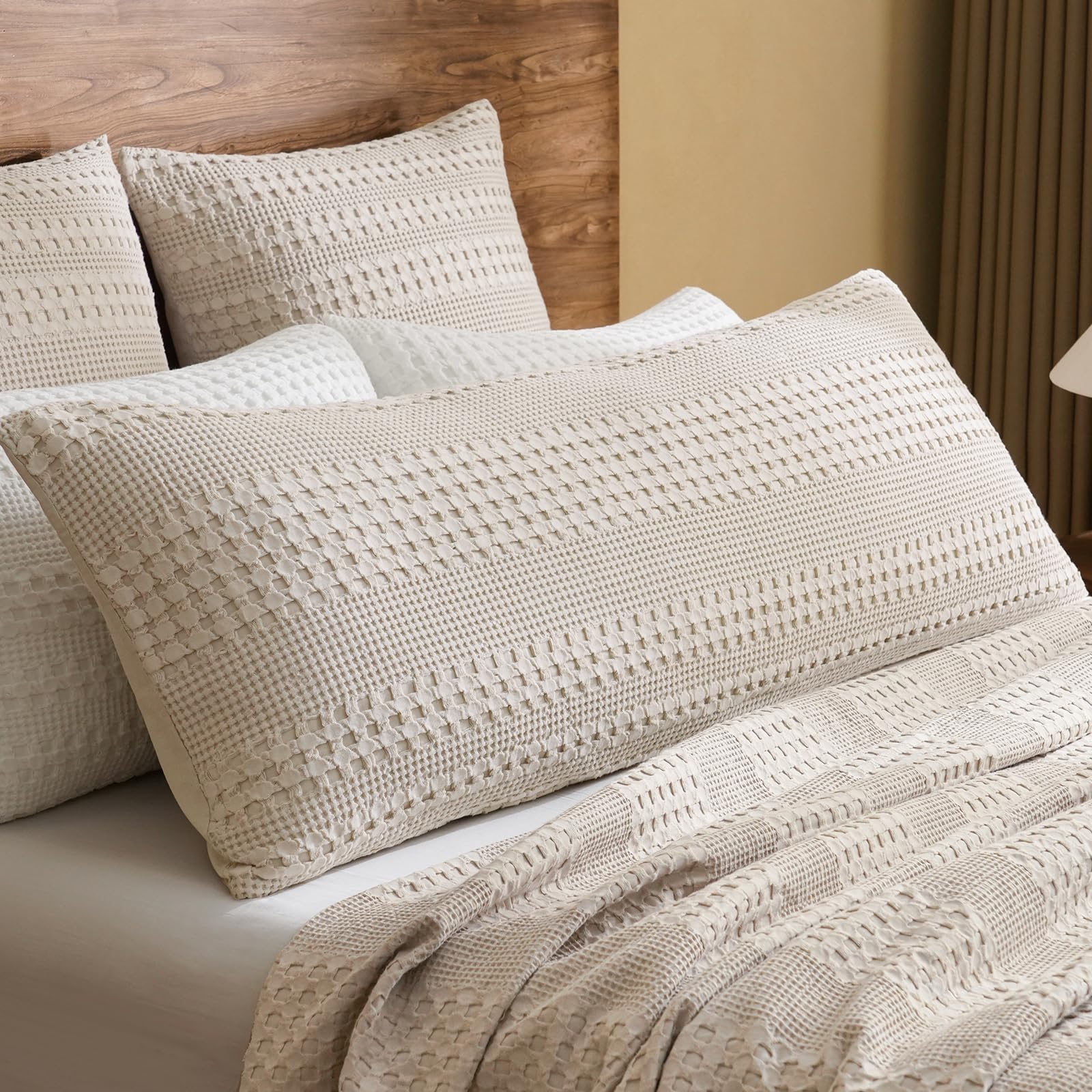 Photo 1 of ***(QUEEN SIZE)***PHF 100% Cotton Waffle Body Pillowcase with Zipper, 1 Pack 20" x 54" Soft Skin-Friendly Pillow Sham, No Filling, Aesthetic Woven and Breathable Waffle Weave Body Pillow Cover for Bed, Oatmeal