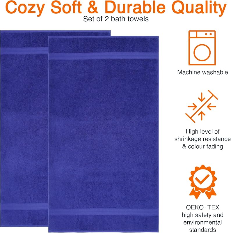 Drap de Bain Grande Taille - 100% Coton Anti-décoloration, Ultra Doux et Absorbant - 70 x 140 cm, Bleu Royal, Lot de 2