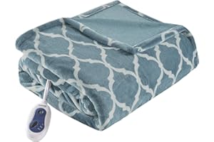 Beautyrest Ogee Printed Plush Electric Blanket for Cold Weather, Fast Heating, Auto Shut Off, Virtually Zero EMF, Multi Heat Setting, UL Certified, Machine Washable, Teal Oversized Throw 60x70