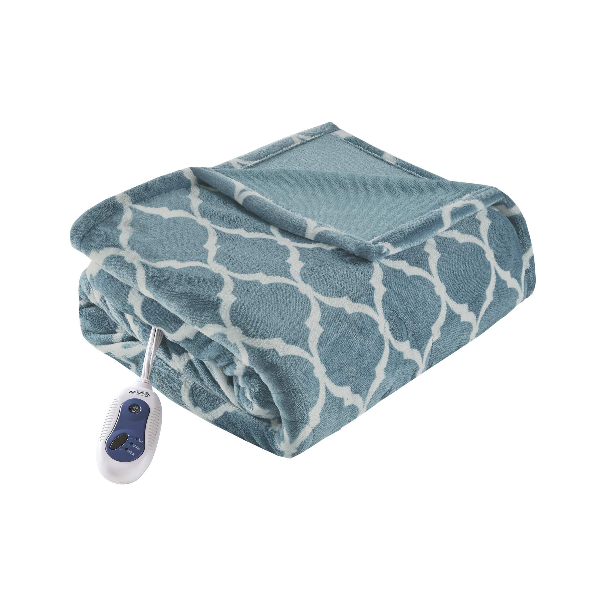 Photo 1 of Beautyrest Ogee Printed Plush Electric Blanket for Cold Weather, Fast Heating, Auto Shut Off, Virtually Zero EMF, Multi Heat Setting, UL Certified, Machine Washable, Teal Oversized Throw 60x70