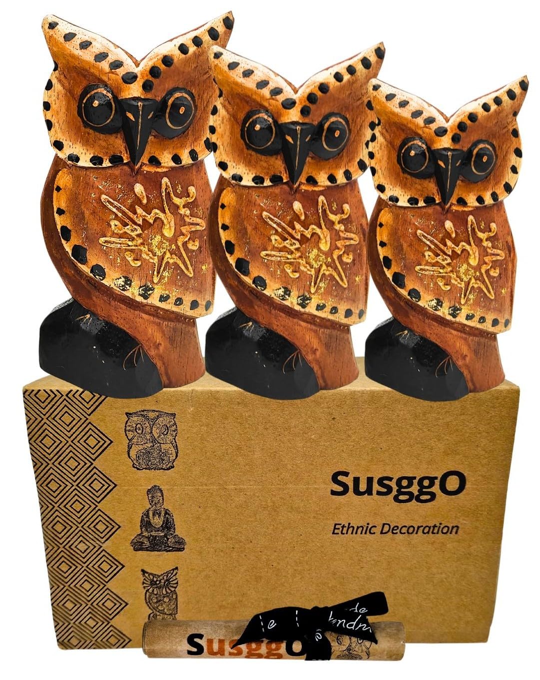 SusggO Set of 3 Wooden Animals, Lucky Owl, Lucky Cat, Turtle, Fish Decoration, Hand Carved, Crafts, Furniture Ornament (3 Owls Wings, Brown Star DR)
