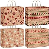 Gueevin 24 Piece Large Christmas Kraft Gift Bags with Handle 12.5 x 10 x 4.5 Inch Xmas Holiday Paper Treat Candy Goodie Bags with Snowflake Elk Socks Patterns for Christmas Party Favor Present Giving