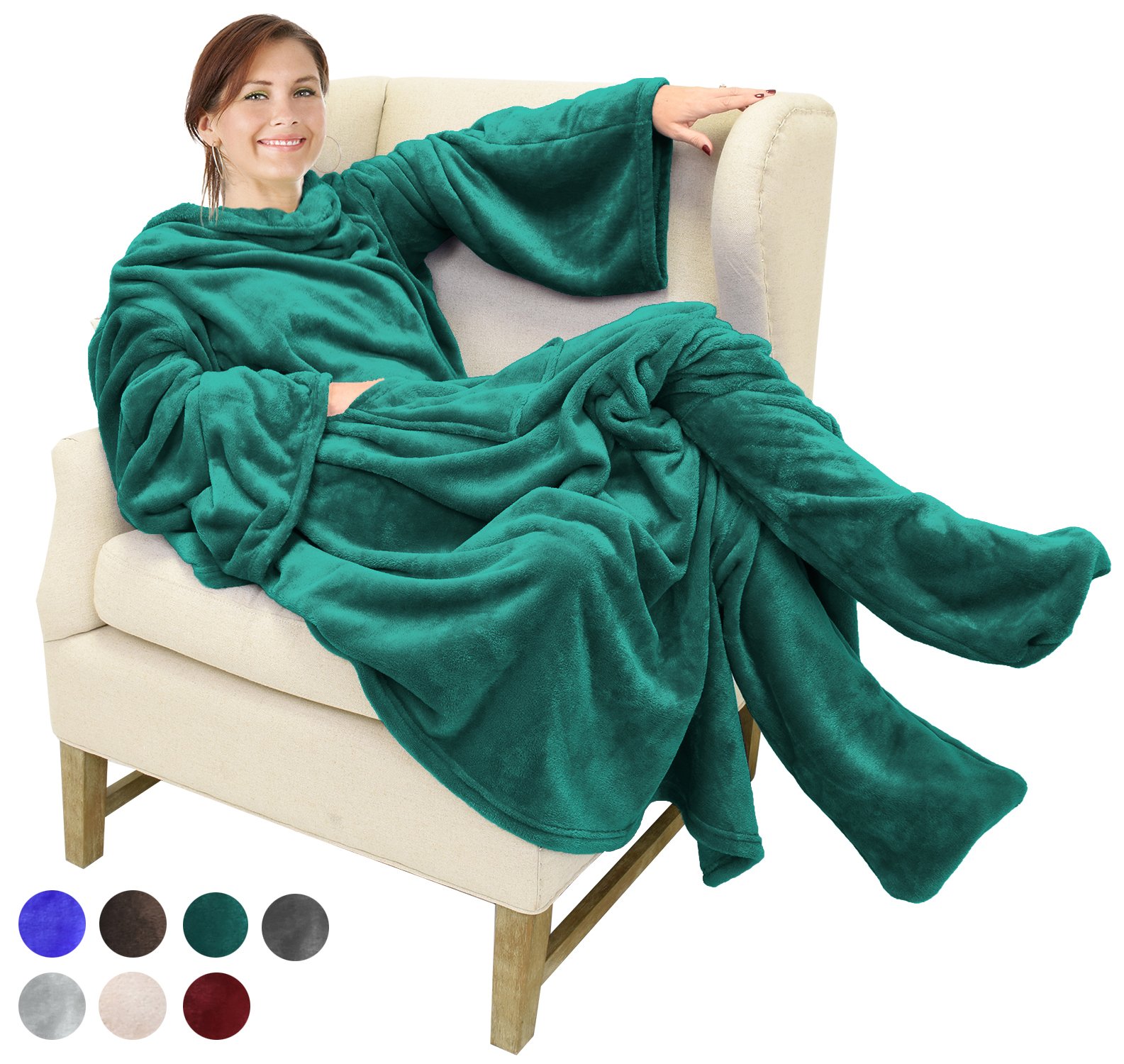Fleece Blanket with Sleeves & Foot Pockets, Green Micro Plush Fleece Blanket, Large Wrap Throw Blanket, for Adult Women Men 190cm x 135cm (75\