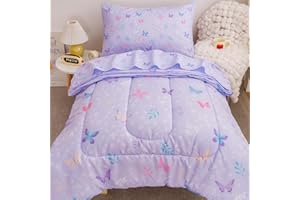 Viviland Butterfly Floral Toddler Comforter Sets, Cute Girls Toddler Bedding Set, Soft Microfiber Purple Toddler Bed Set