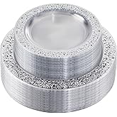 I00000 96pcs Silver Plastic Plates - Clear With Silver Rim, 48 Heavy Duty Dinner Plates (10.25 Inch) and 48 Dessert Plates (7.5 Inch) - Perfect for Party