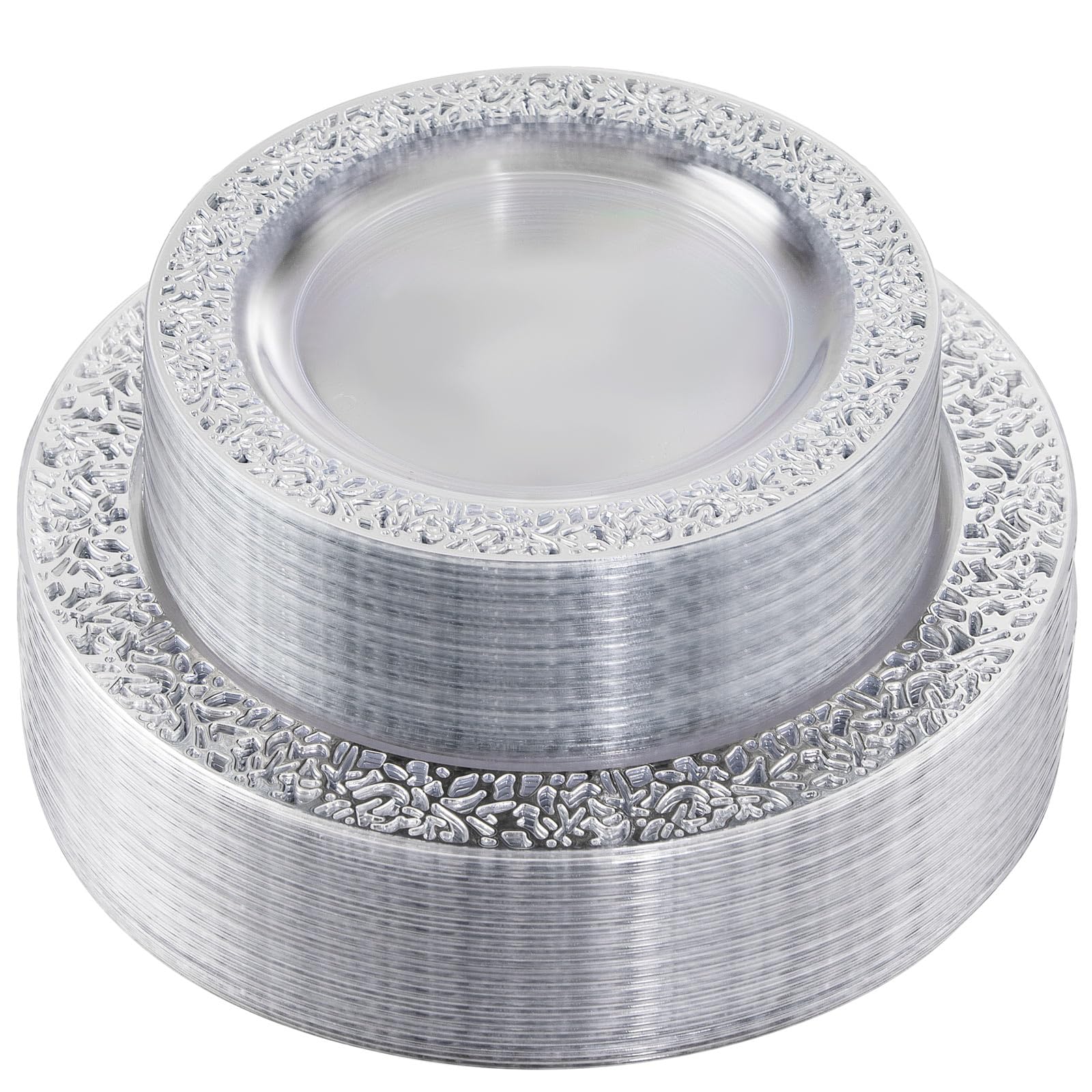 Photo 1 of I00000 96pcs Silver Plastic Plates - Clear With Silver Rim, 48 Heavy Duty Dinner Plates (10.25 Inch) and 48 Dessert Plates (7.5 Inch) - Perfect for Party