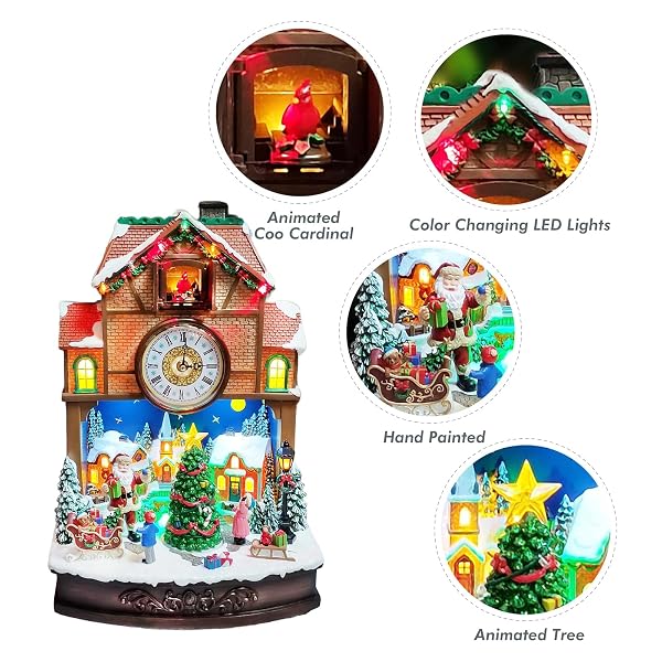 MOMENTS IN TIME CHRISTMAS VILLAGE CUCKOO CLOCK ANIMATED SANTA & TREE SCENE WITH LED LIGHTS AND MUSIC PLUG-IN ADAPTER HOLIDAY TABLETOP DECORATION (17.5”H)