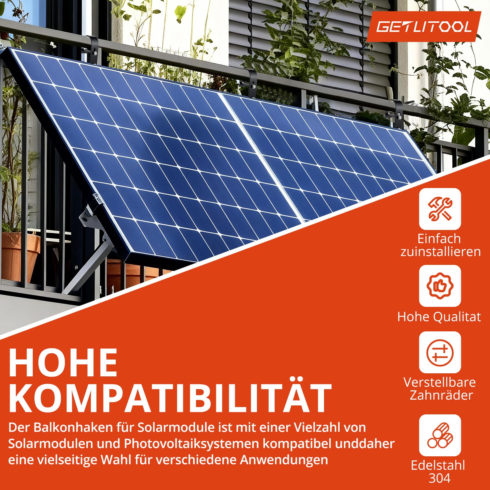 GETLITOOL 8 Stück Balkonkraftwerk Halterung 304 Edelstahl, Universal PV Modul Befestigung Haken für PV-Module, Solarmodul Halterung mit Komplettes Montageset für Balkon, Dach, Garage, Wohnmobil, Boot 4