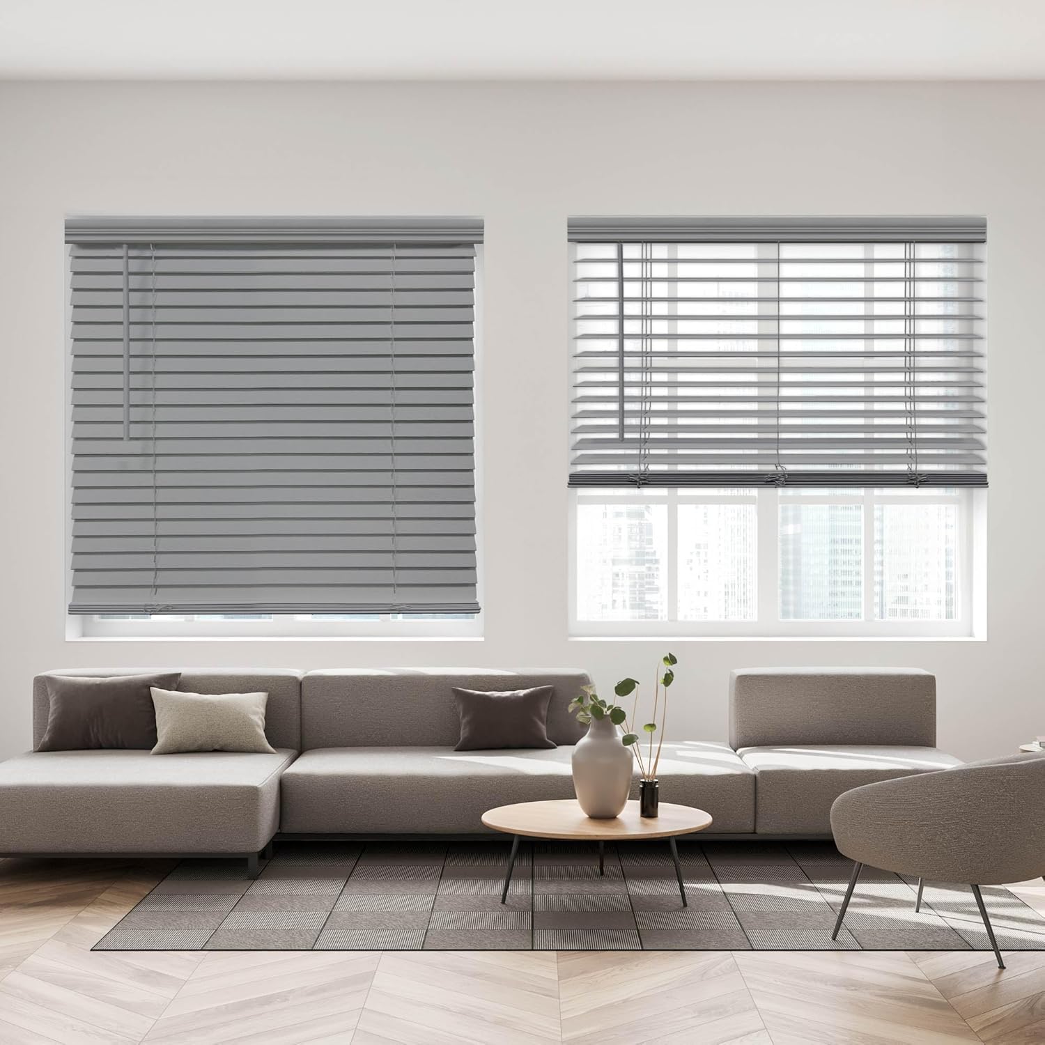 Window Treatments - DEZ FURNISHINGS QJDG344640 Cordless 2 Faux Wood Blind, 34.5W x 64L Inches, Driftwood Gray