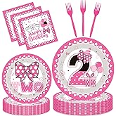 iPartyGo Oh Twodles Party Decorations - 96 Pcs Pink Cartoon Mouse Disposable Paper Dessert Plates Napkins Forks Tableware Set 2nd Birthday Supplies Favors for 2 Years Old Kids Girls Serves 24 Guests
