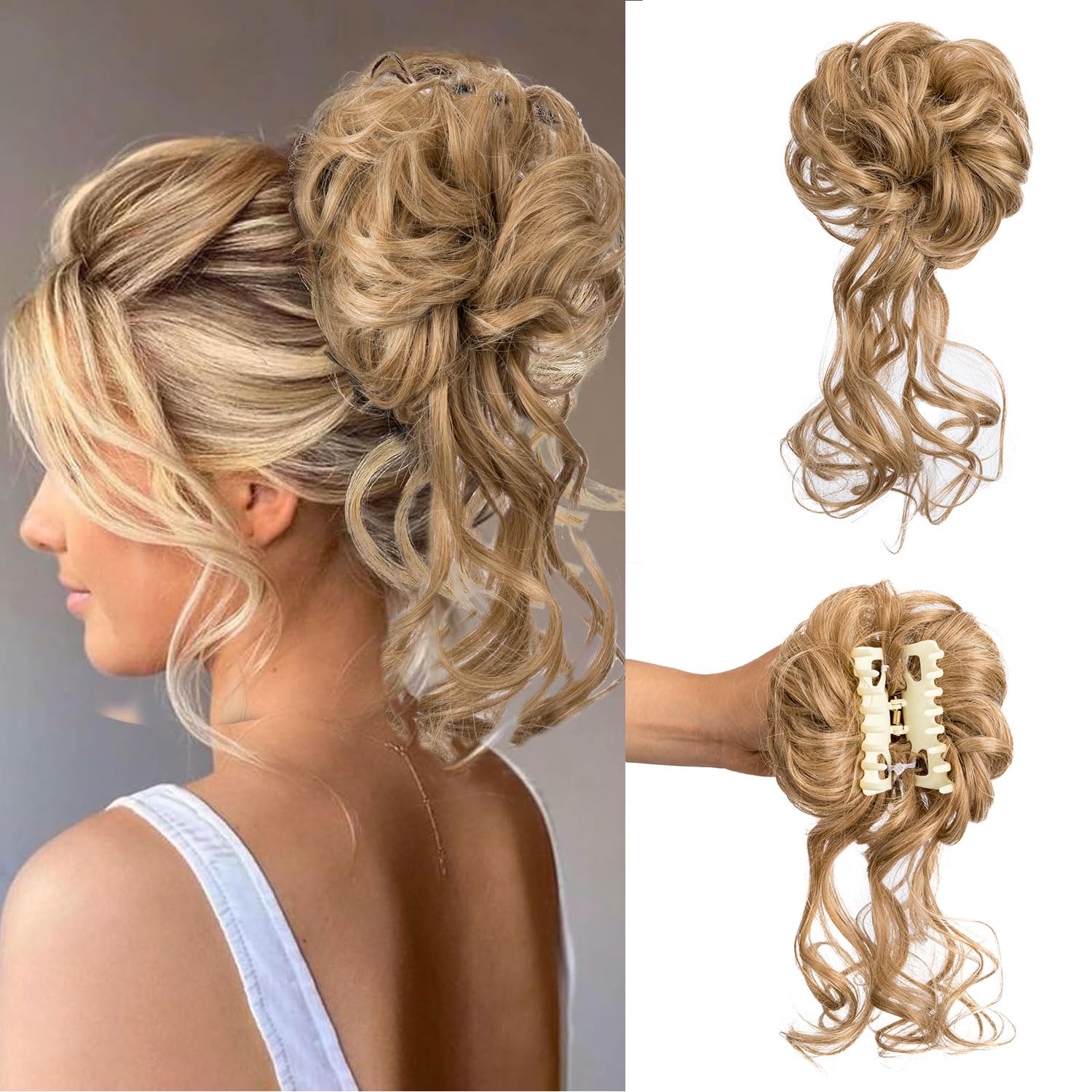Claw Clip Messy Bun Hair Piece Elastic Hair Band Hair Pieces Curly Hair Scrunchie For Women (Ash Blonde)