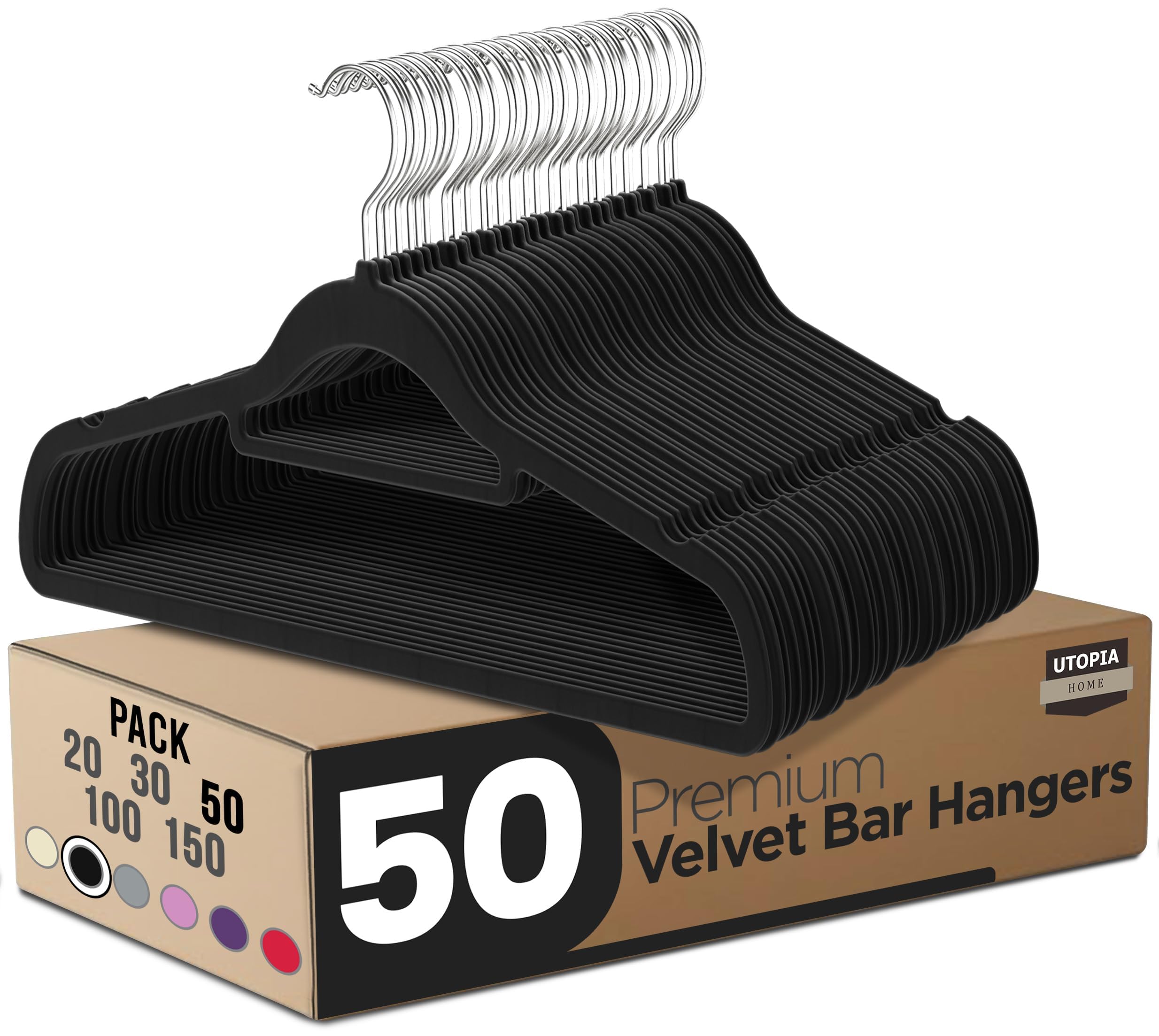 Utopia Home Pack of 50 Velvet Suit Hangers with Tie Bar - Heavy Duty Non-Slip Premium Hangers for Adult Clothes - 360 Degree Swivel Hook, Black