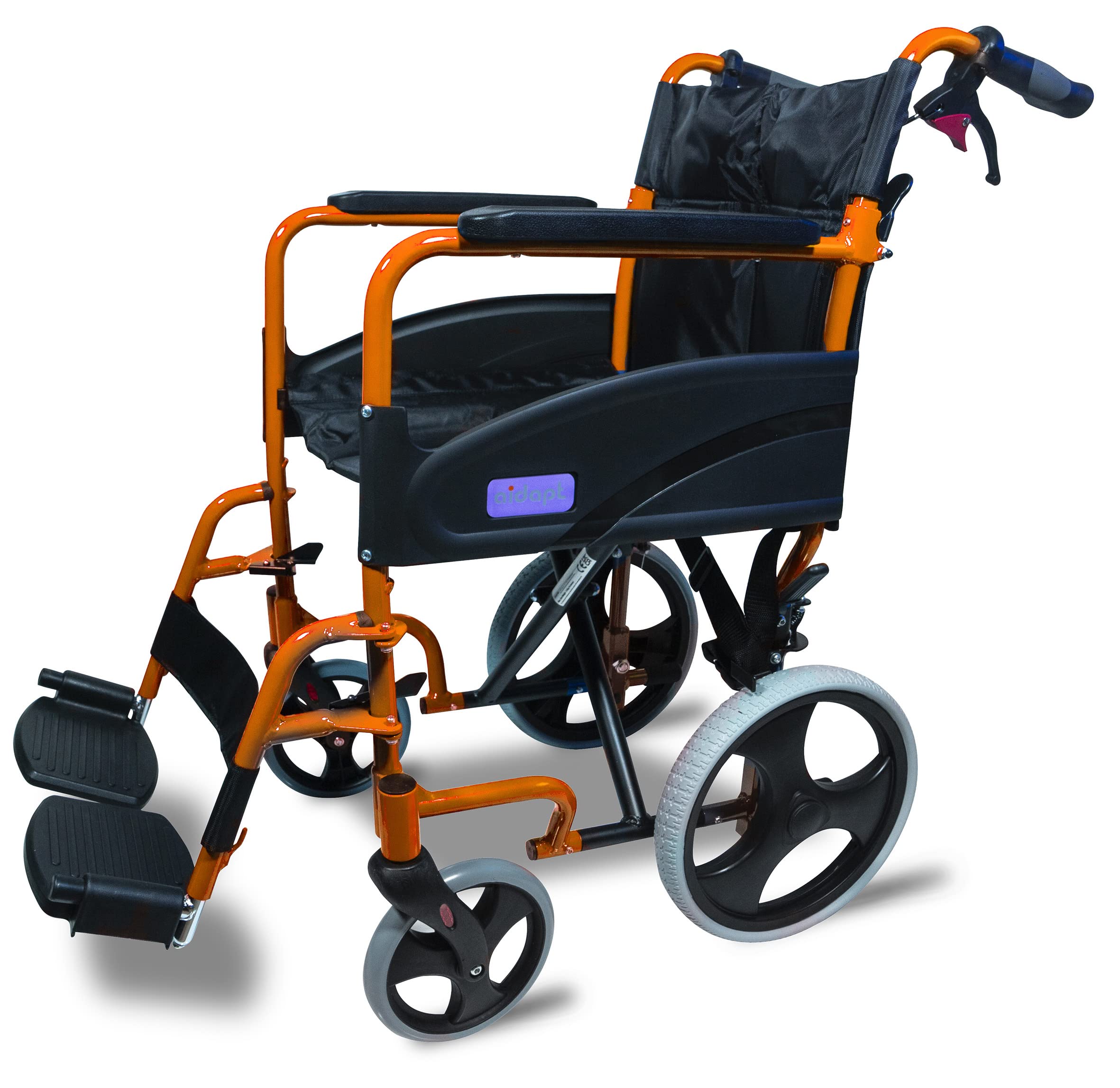 Aidapt Folding Lightweight Attendant Propelled Aluminium Wheelchair with 18" Seat, Brakes, Lap Strap, Padded Upholstery, Removable Foot Rests and Side Panels for Privacy. Indoors and Outside