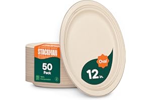 100% Compostable Oval Paper Plates [50-Pack] - {PFAS-Free} - {BPI Certified} - [12 Inch] Heavy Duty, Eco-Friendly, Biodegradable Bagasse Platters - Natural Brown 12" Oval Platter Plates by Stack Man
