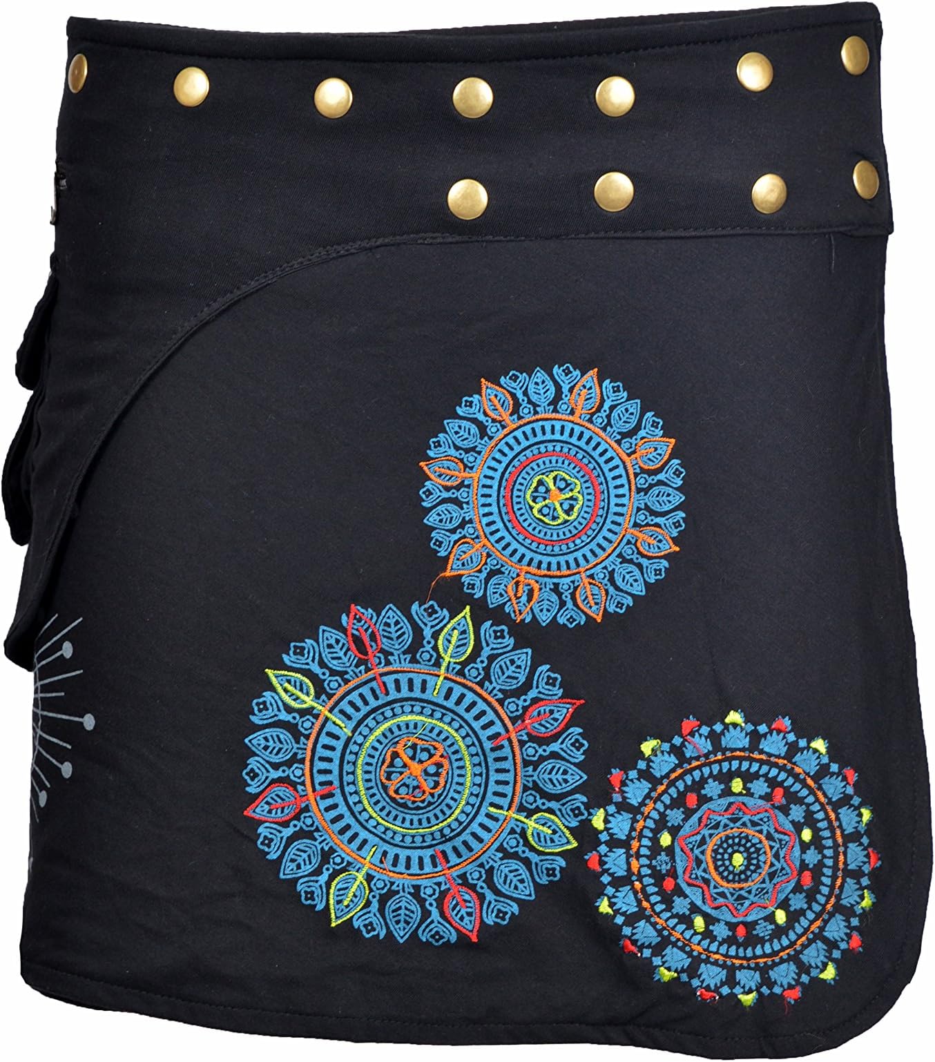 TATTOPANI Ladies Wrap Round Hippy Popper Skirt with Colorful Prints and Embroidery
